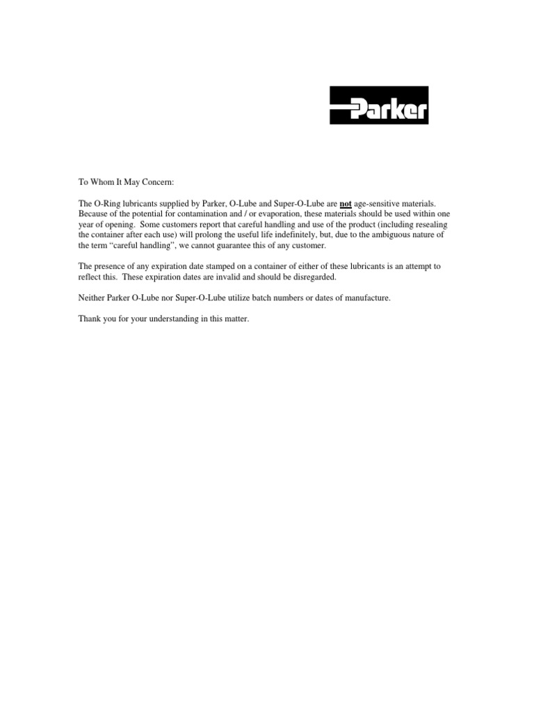 Parker Lube Shelf Life PDF