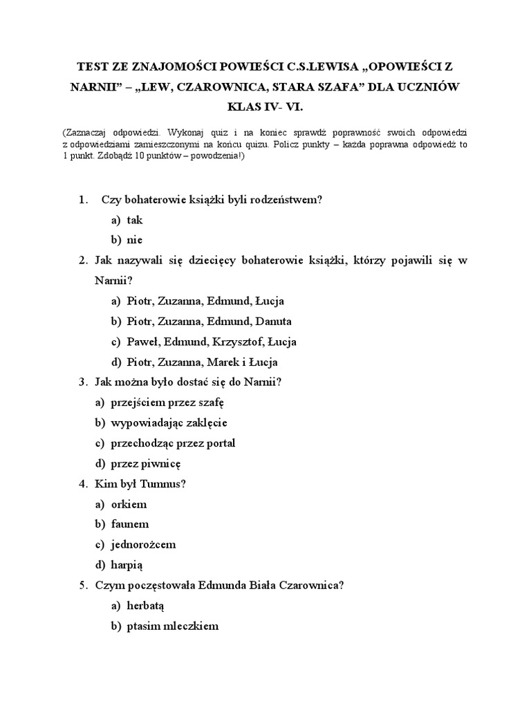 Test Na Początek Klasy 4 Test Ze Znajomosci Opowiesci Z Narnii. | PDF