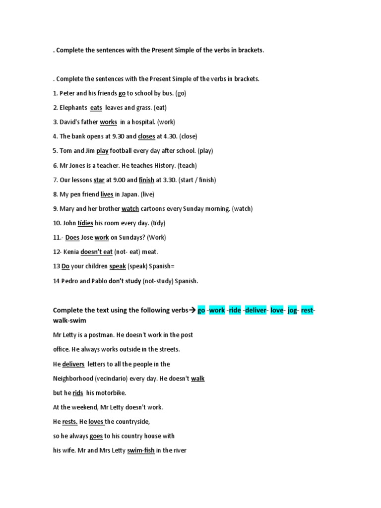 Present Simple Verb Completion Exercises | PDF | Language Arts ...