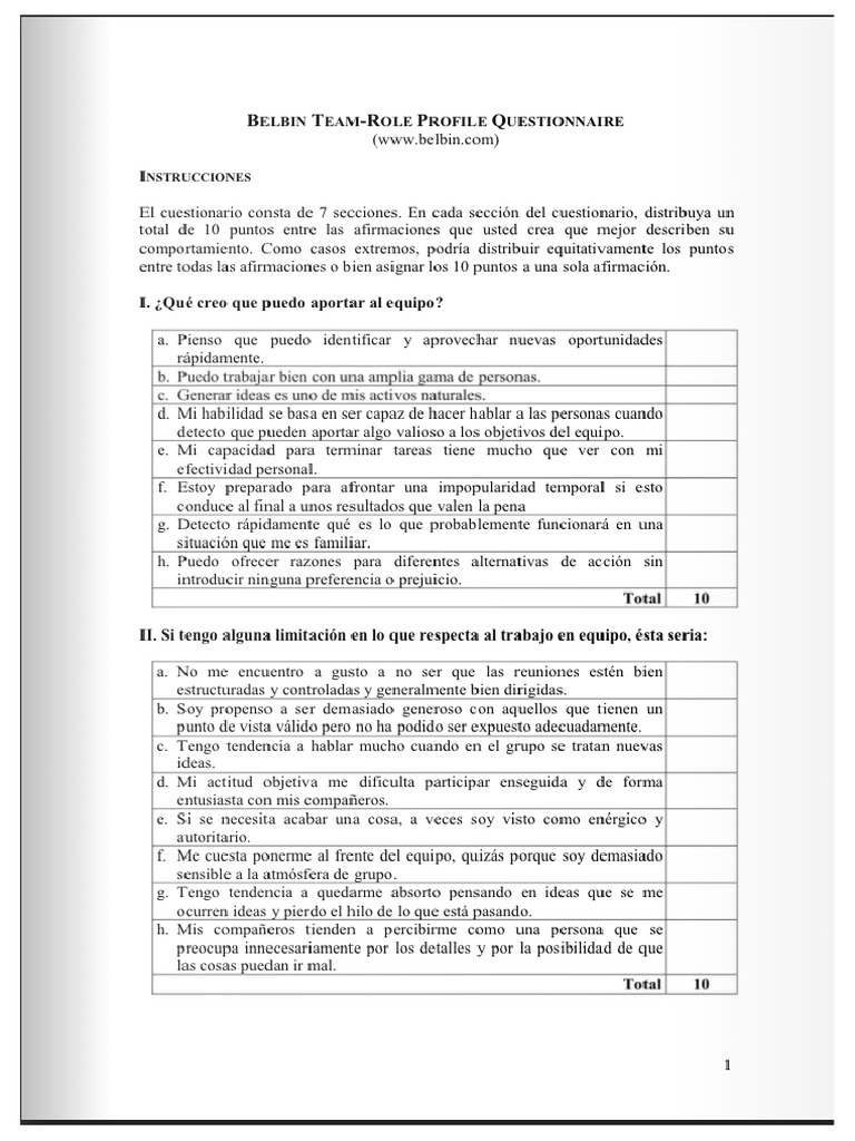 Cuestionario Belbin | PDF