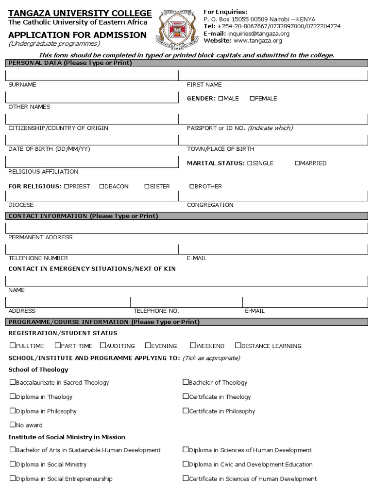 Tangaza University Admission Application Form | PDF | Bachelor's Degree ...