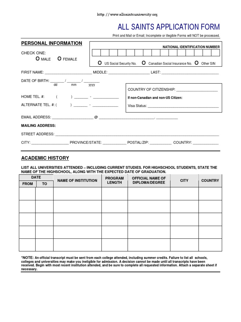 All Saints Application Form PDF