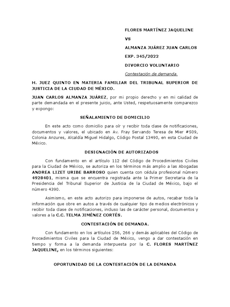 Contestación de Demanda de Divorcio | PDF | Demanda judicial | Ley procesal