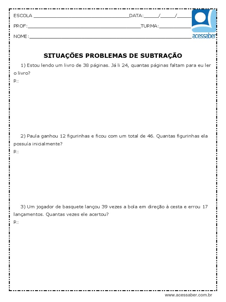 Atividade de Matematica Problemas de Subtracao 3 Ano | PDF
