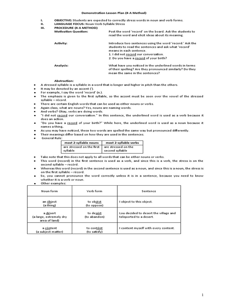 4A Method Lesson Plan NounVerb Syllable Stress PDF Stress