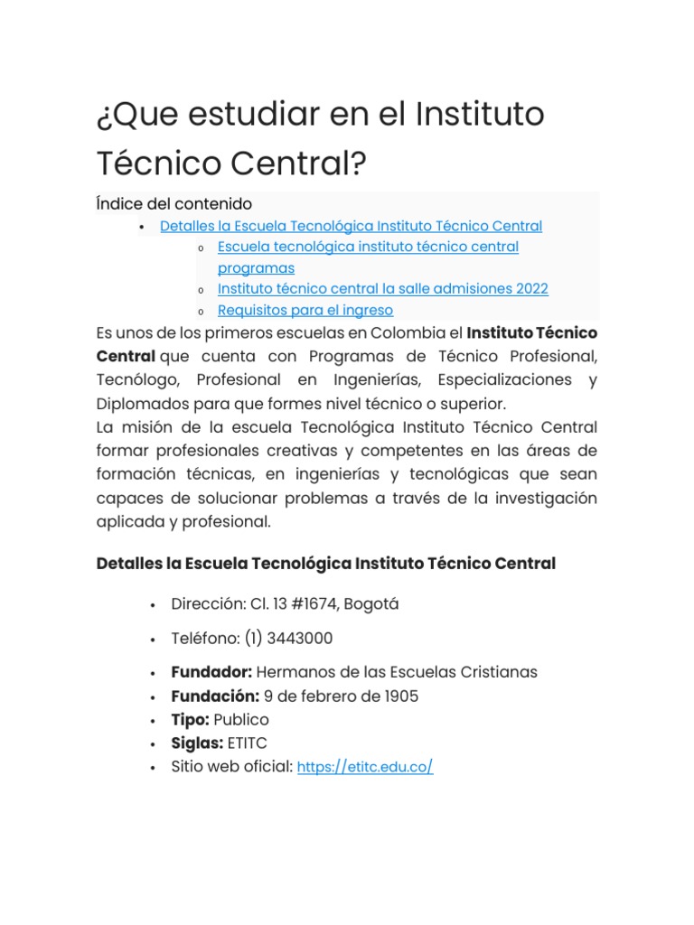 Instituto Técnico Central Pdf Ingeniería