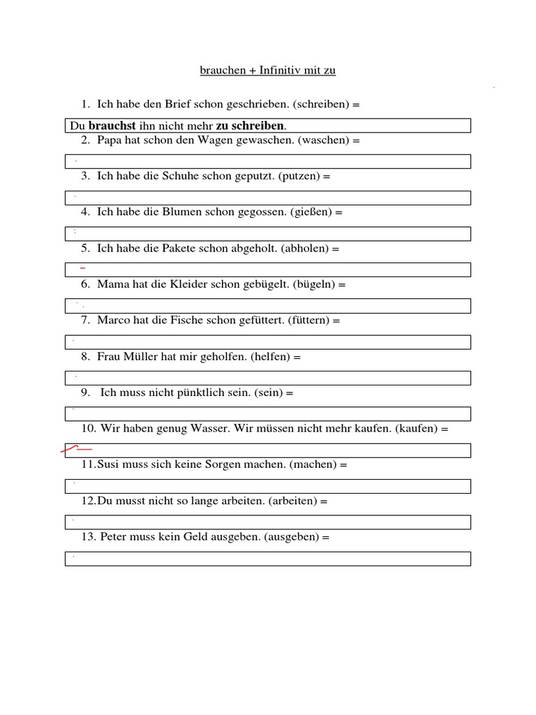 Brauchen Infinitiv Arbeitsblatt PDF