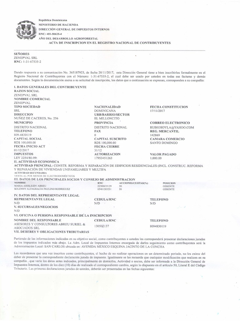 2-Acta de Inscripcion en El RNC | PDF | Negocios | Derecho