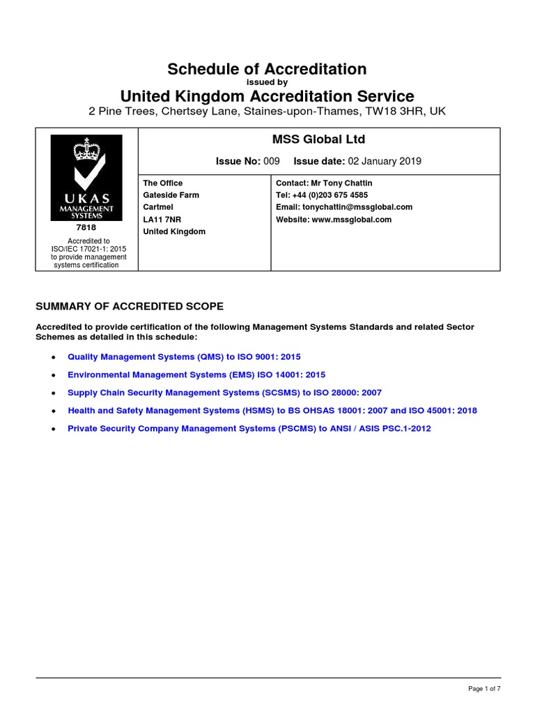 MSS Global Ltd Accreditation Overview | PDF | Iso 9000 | Certification