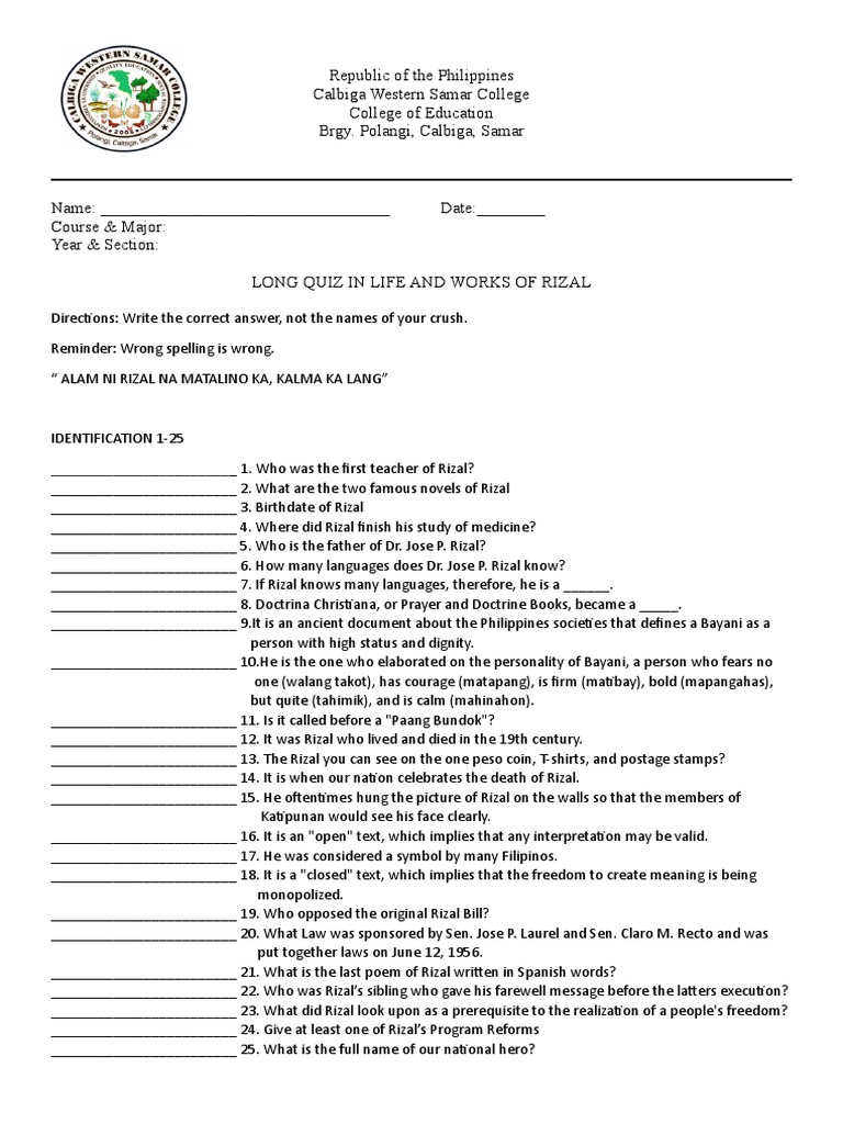 Long Quiz Life and Works of Rizal | PDF | Philippines