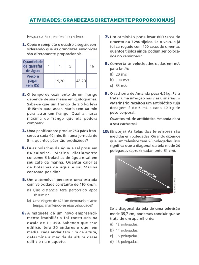 Atividades sobre Grandezas Proporcionais | PDF