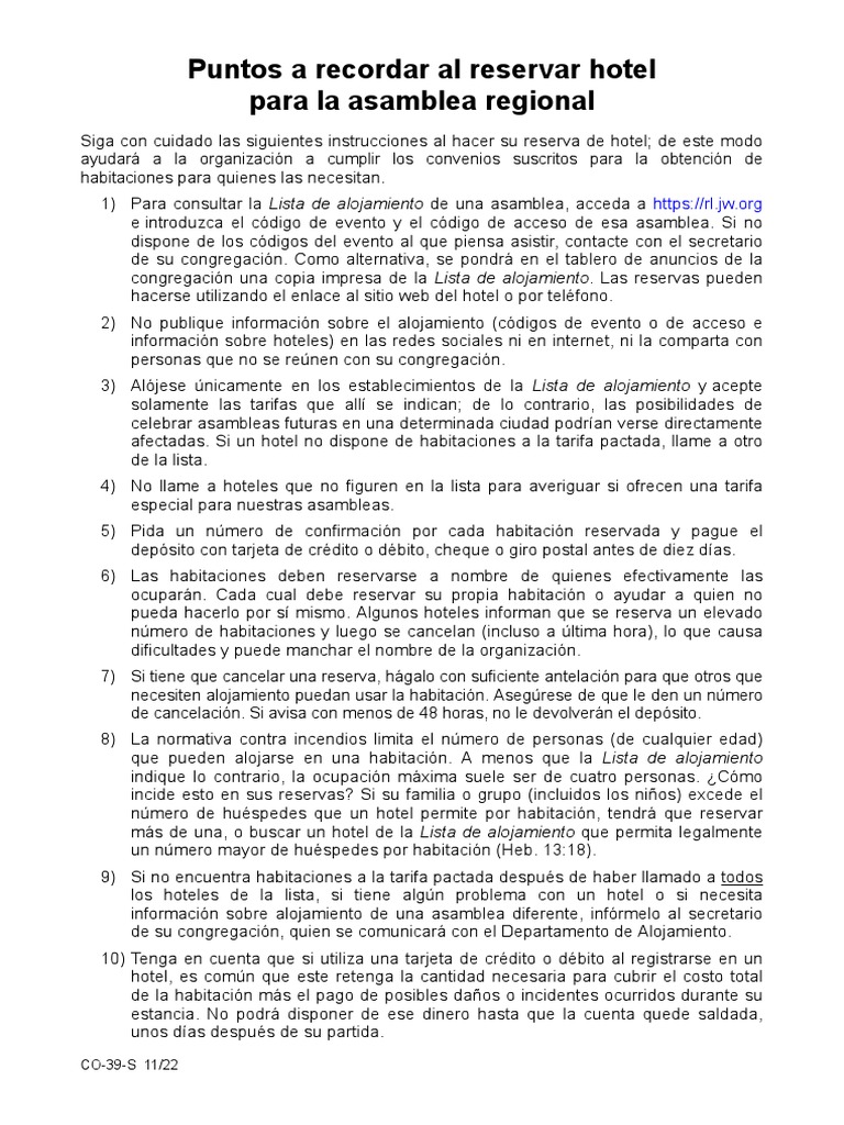 Puntos A Recordar Al Reservar Hotel para La Asamblea Regional PDF