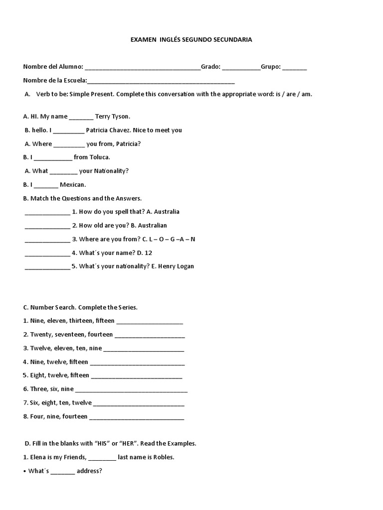 Examen de Inglés: Segundo Secundaria | PDF | Language Arts & Discipline