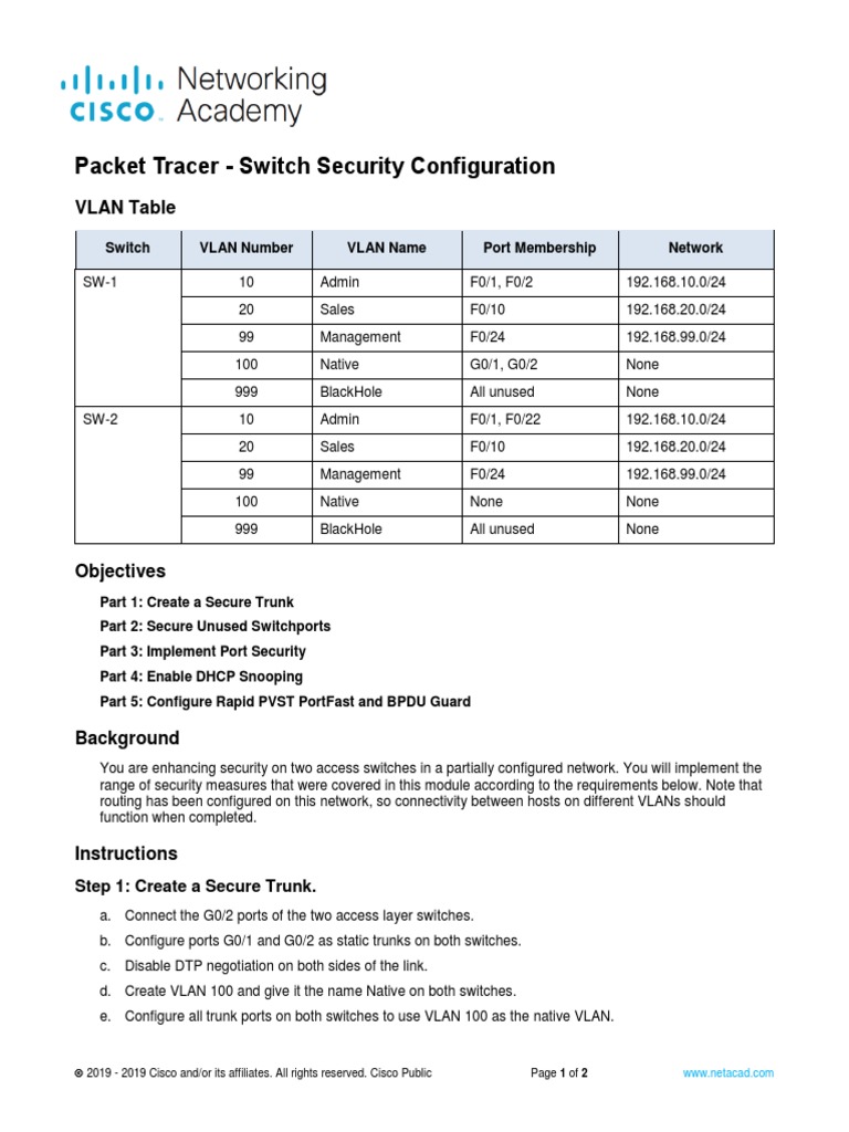 11.6.1 Packet Tracer - Switch Security Configuration | PDF