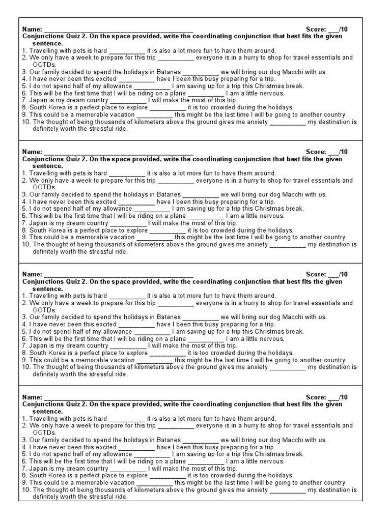 Grade 10 Conjunctions Quiz 2 | PDF