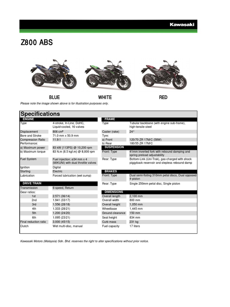 Kawasaki Z800 Specifications Overview | PDF | Mechanical