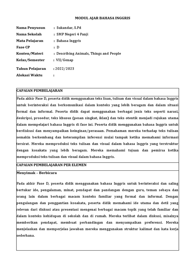 Modul ajar describing animals things and people pdf