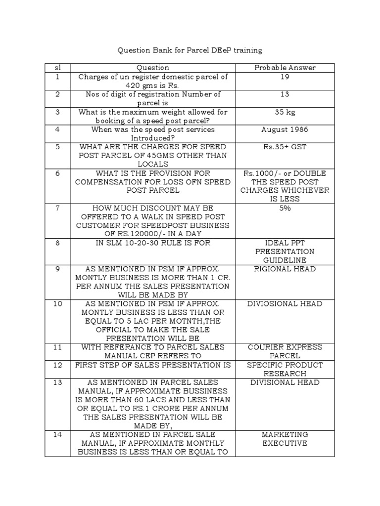 Question Bank For Parcel DEeP Training PDF Mail United States