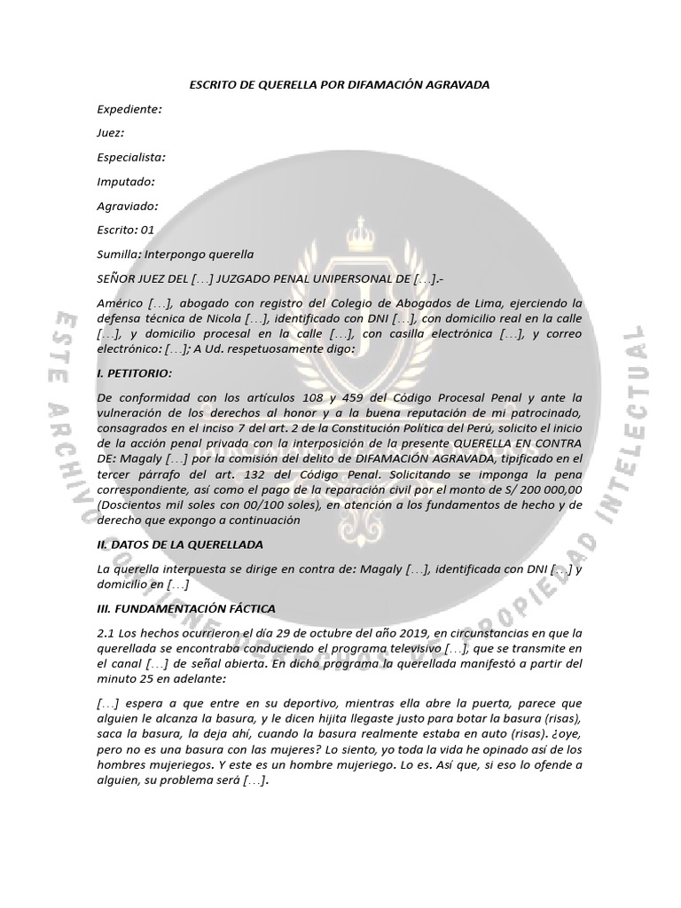 Querella por Difamación Agravada en Perú | PDF | Queja | Daños y perjuicios