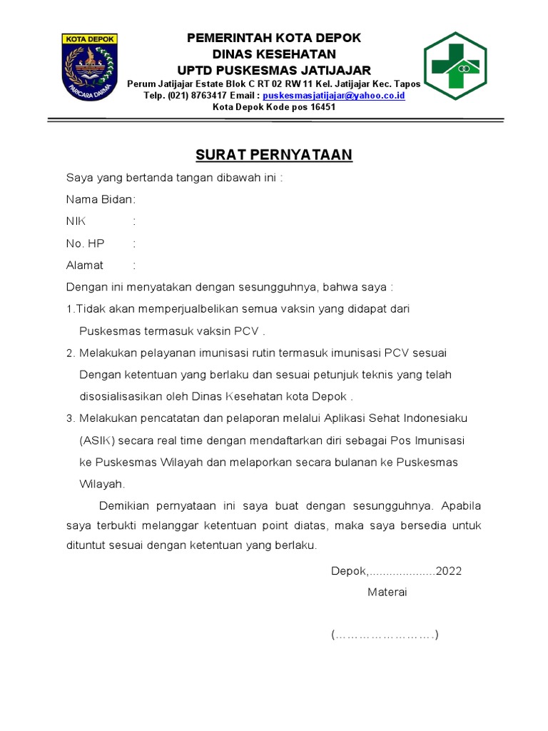 Surat Pernyataan PMB Puskes Imunisasi | PDF