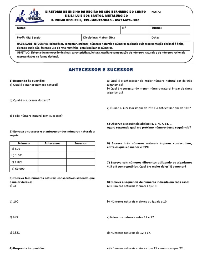 Antecessor e Sucessor | PDF | Números | Número natural