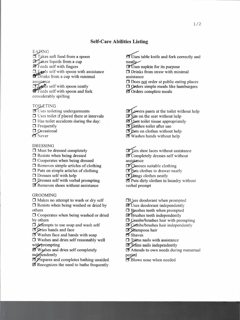 Self Care Abilities Listing | PDF