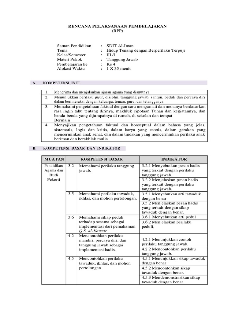 RPP PAI Kelas 3 Semester 1 Kurikulum Merdeka | PDF