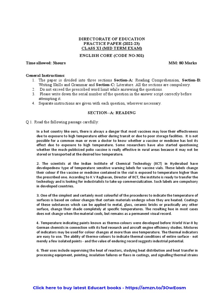 Class 11 English Core Practice Paper 202223 PDF Temperature