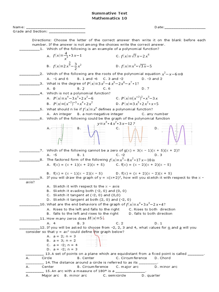 Summative Test GRade 10 Polynomials | Download Free PDF | Circle ...