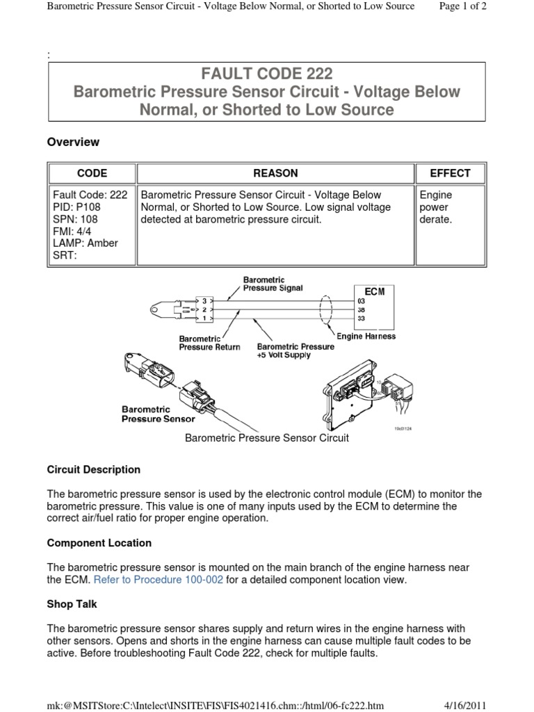 Cummins Fault Code 222 or SPN 108 Fmi 4 | PDF | Sensor | Troubleshooting