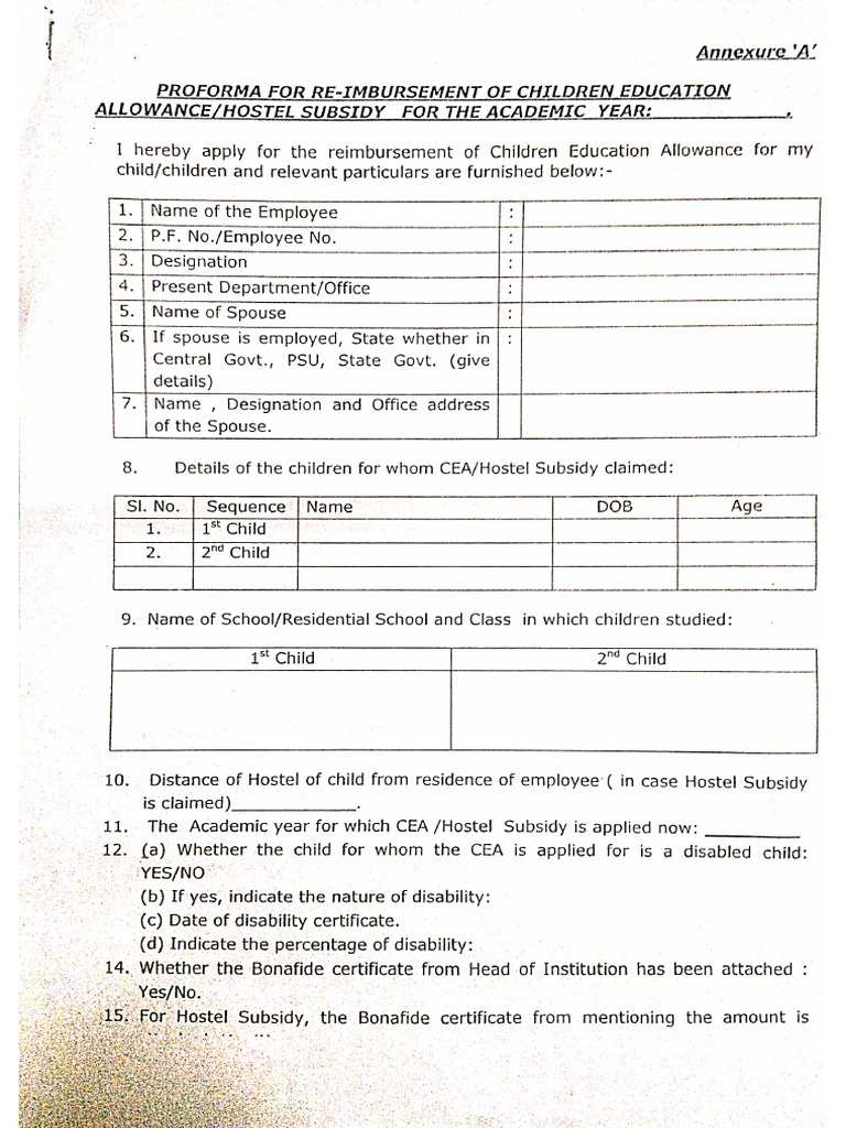 Children Education Allowance Form PDF