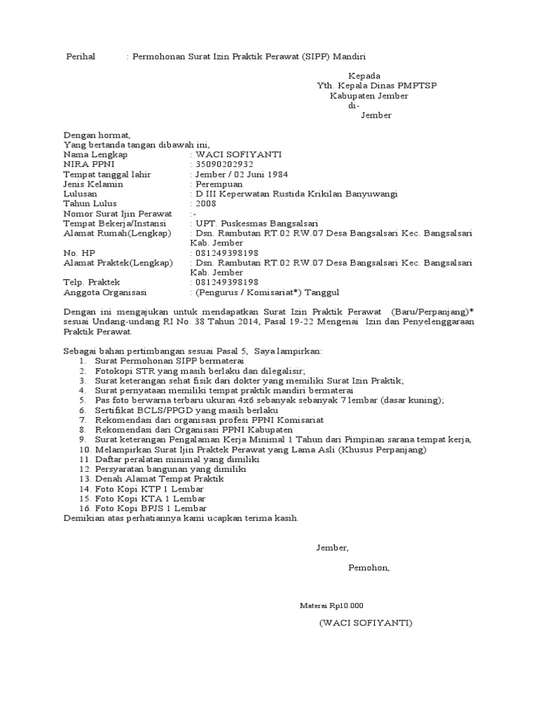 Permohonan SIPP Perawat Jember 2023 | PDF