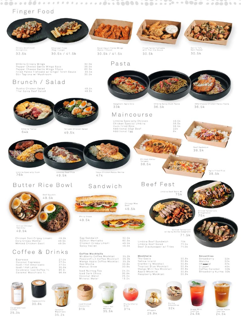 Menu Options from a MultiCuisine Restaurant Featuring American, Asian, and International Dishes