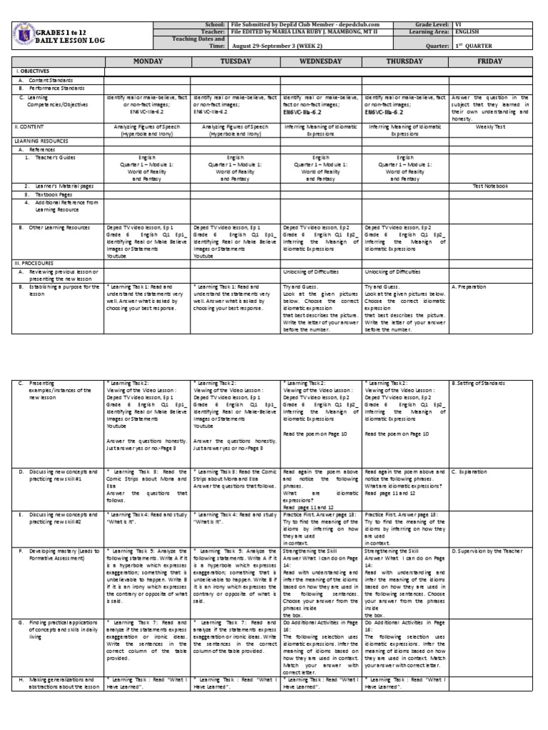 Grade 6 English Lesson Plan | PDF | Idiom | Irony