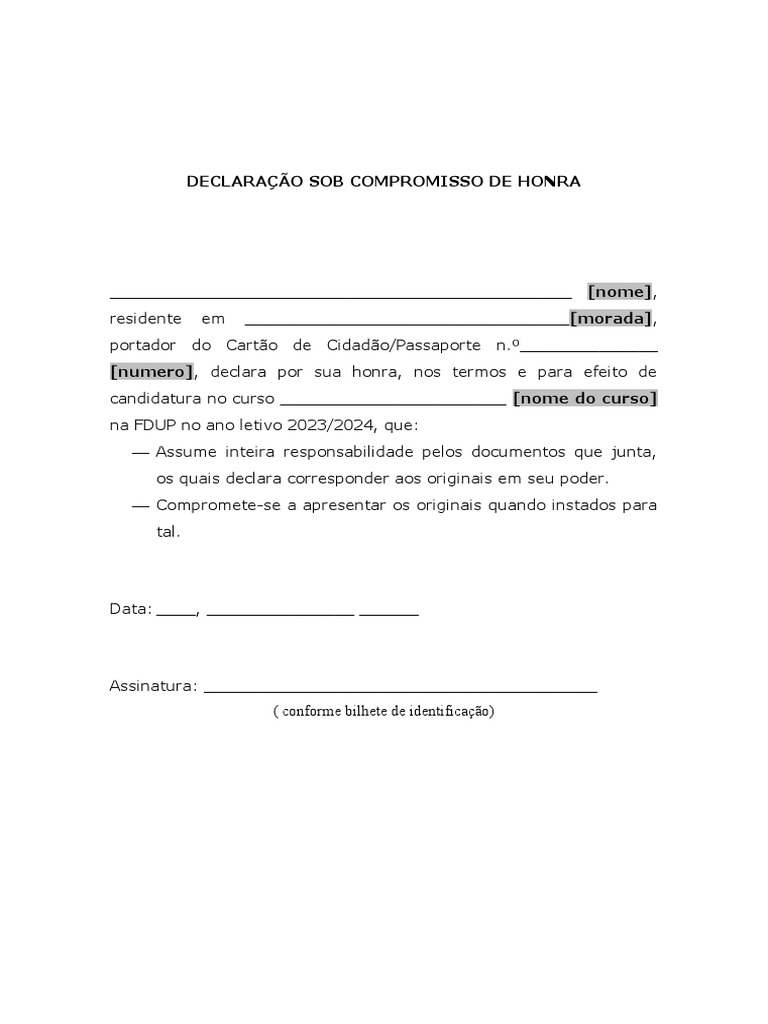 Declaração de Compromisso de Honra | PDF