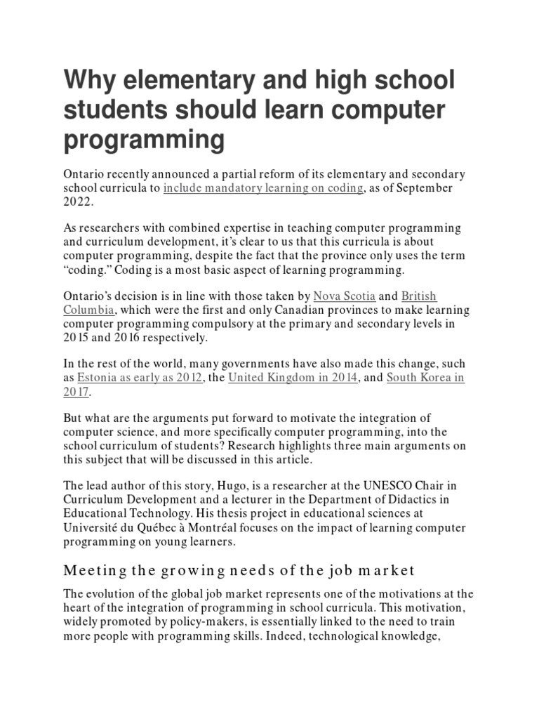 Why Elementary and High School Students Should Learn Computer ...