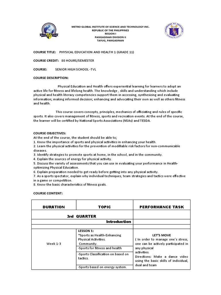 Grade 11 PE and Health Syllabus | PDF | Physical Fitness | Physical ...