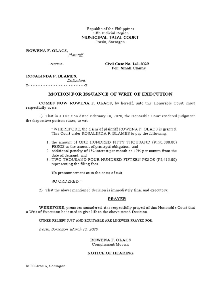 Motion for Writ of Execution in Case 141-2029 | PDF | Lawsuit | Courts