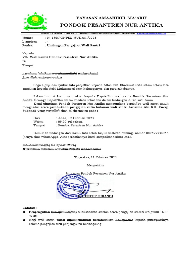 Surat Undangan Pengajian Wali Santri | PDF