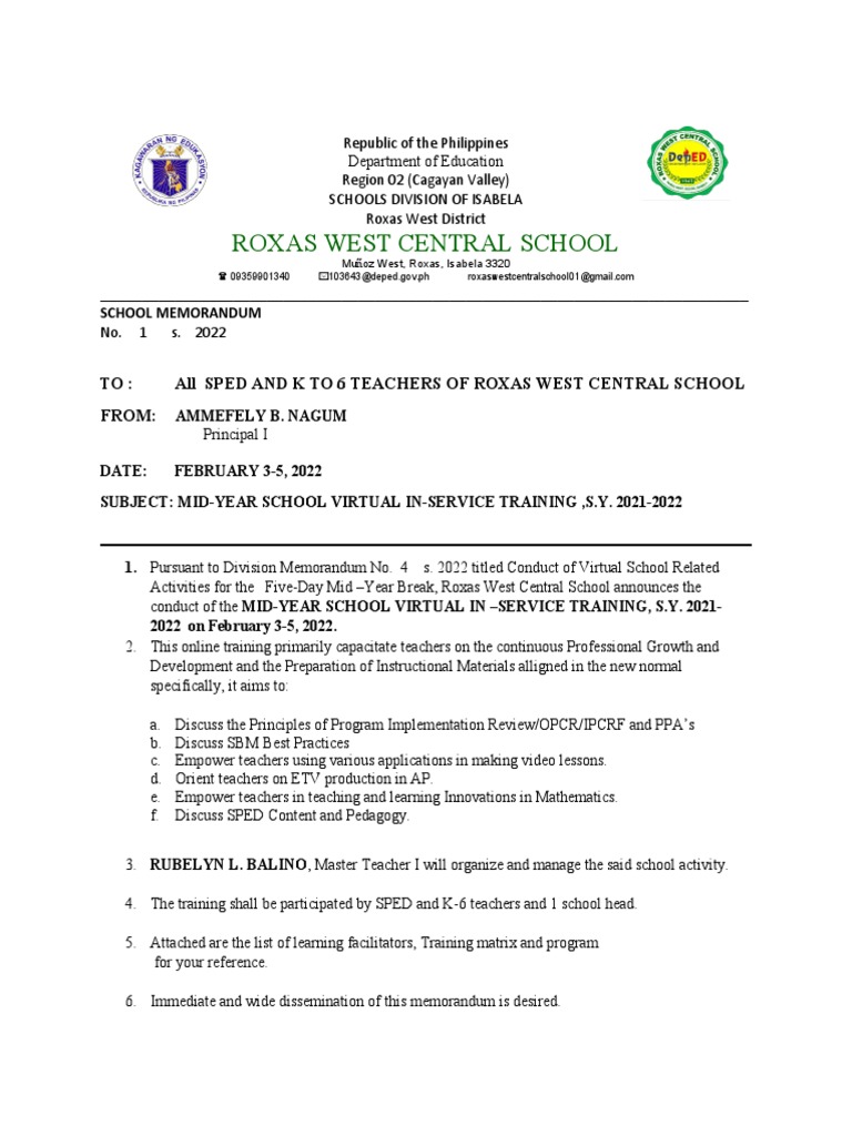 SCHOOL MEMORANDUM Inset 2022 PDF Cognition Pedagogy