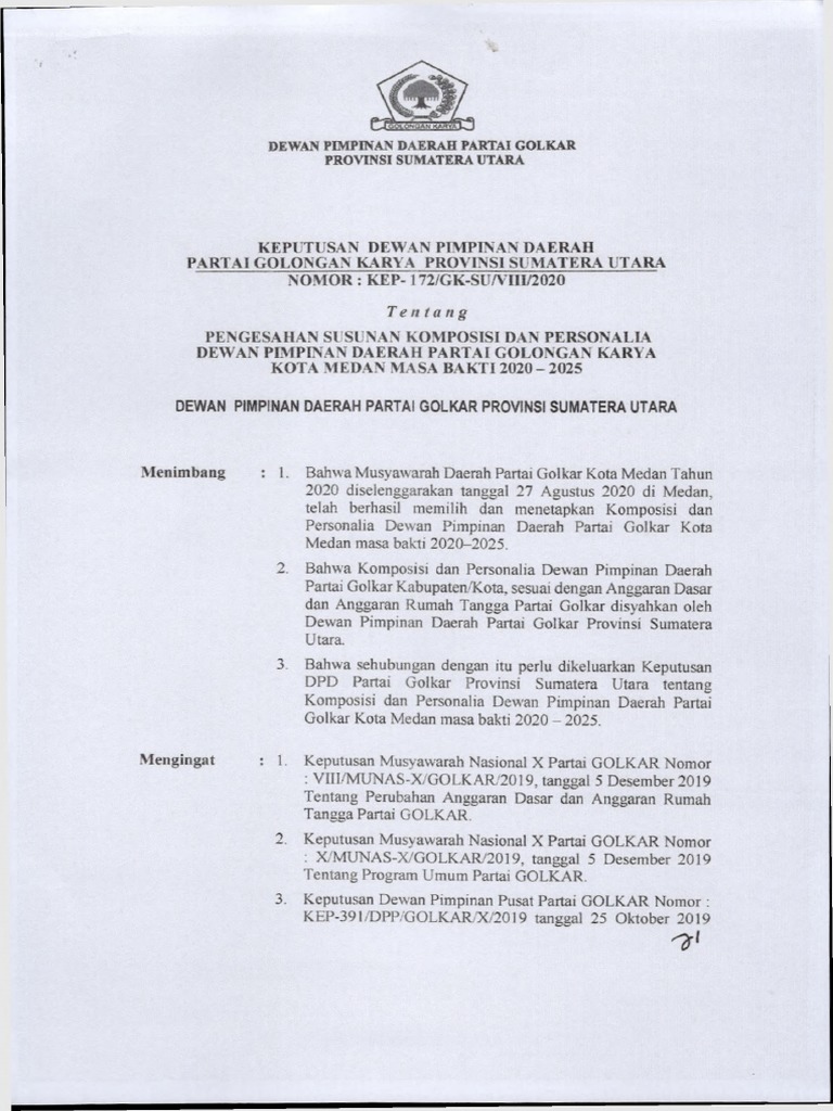 Struktur DPD Golkar Medan 2020-2025 | PDF