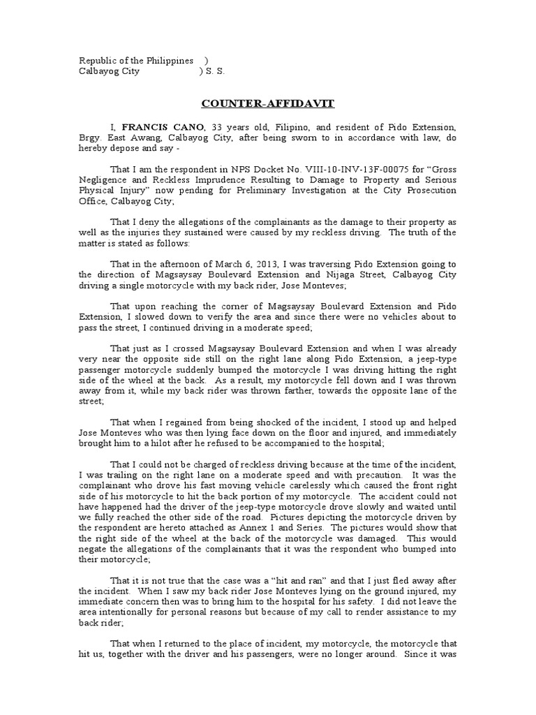Counter affidavit francis cano reckless imprudence pdf motorcycle