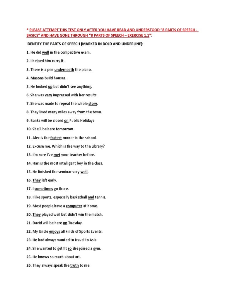 8 Parts of Speech Advance Test PDF Adverb Verb