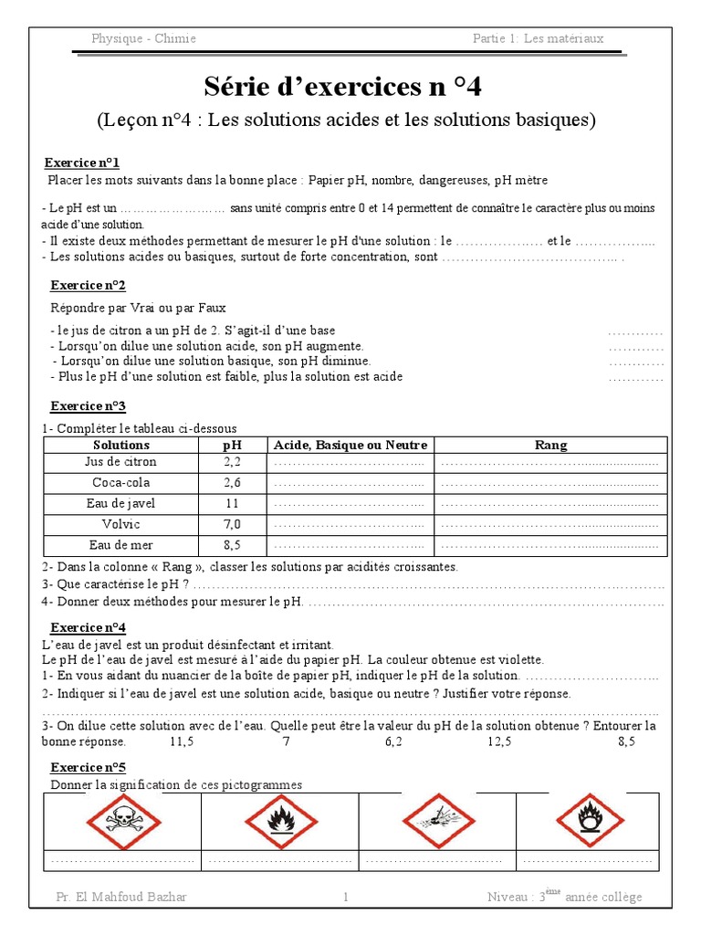 Les Solutions Acides Et Basiques Exercices Non Corriges 4 | PDF | Ph ...