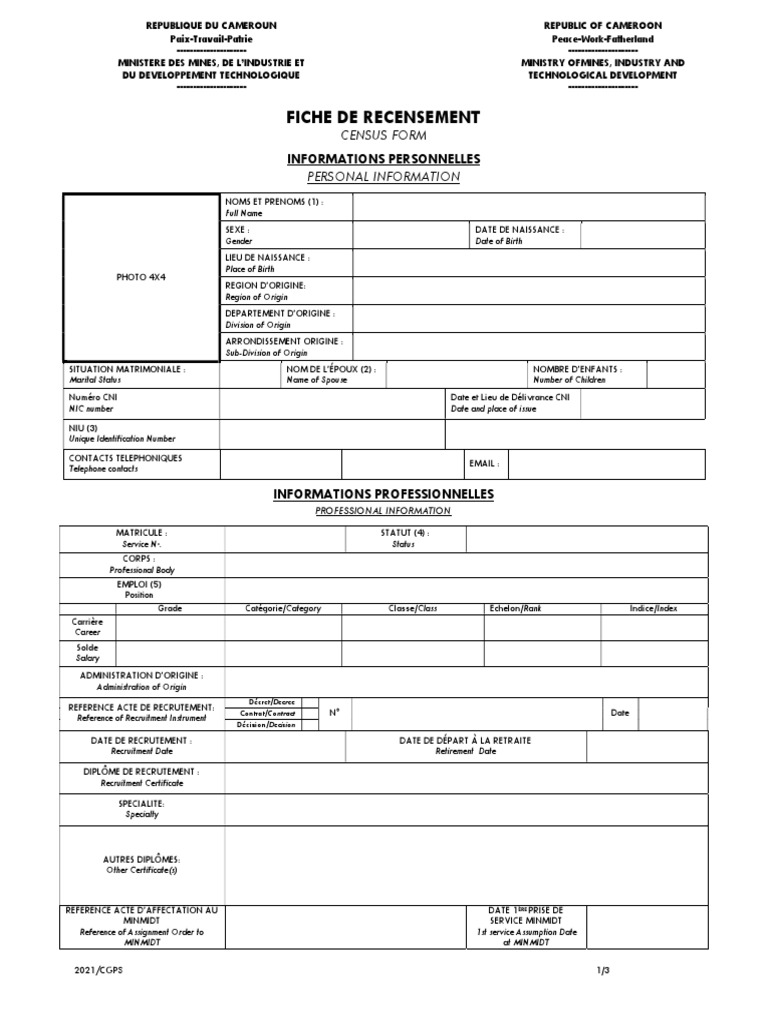 Fiche de Recensement 2021 MINFOPRA | PDF