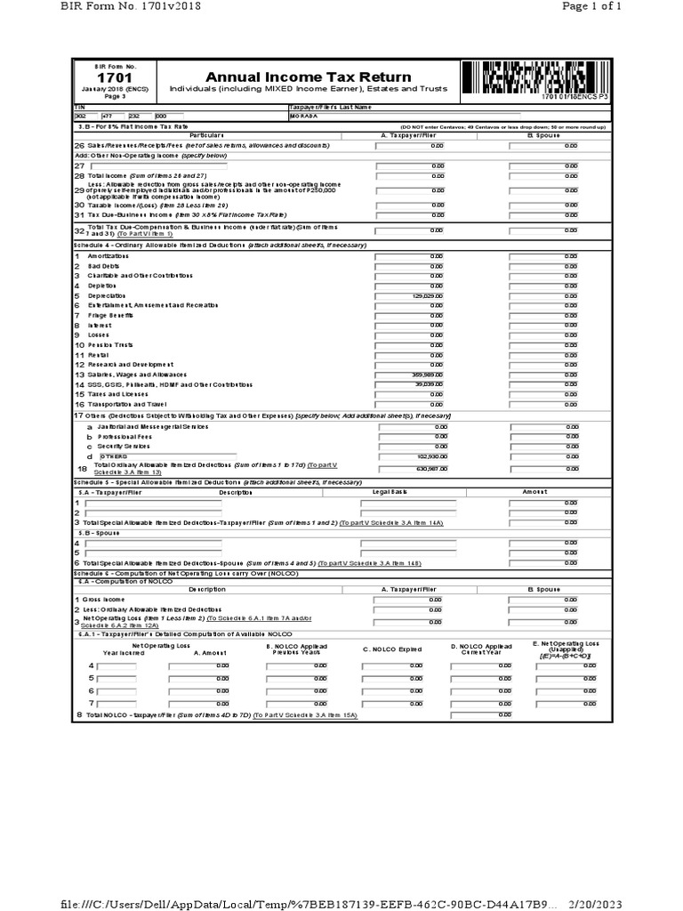Bir form 1701 annual income tax return for individuals estates and