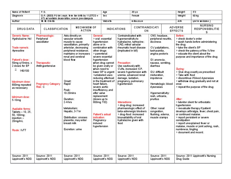 Hydralazine: Nursing Guidelines & Info | PDF | Hypertension | Clinical ...
