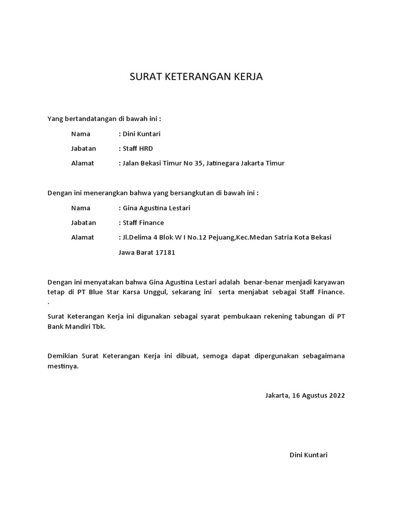 Surat Keterangan Kerja | PDF