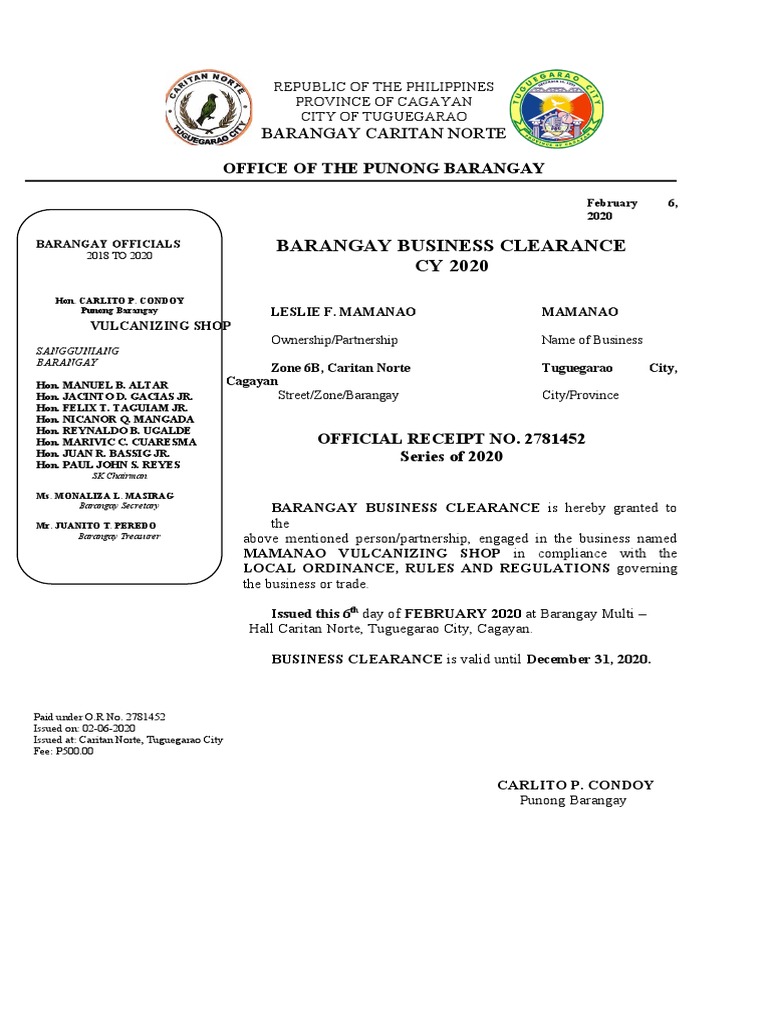 Barangay Officials and Business Clearance | PDF