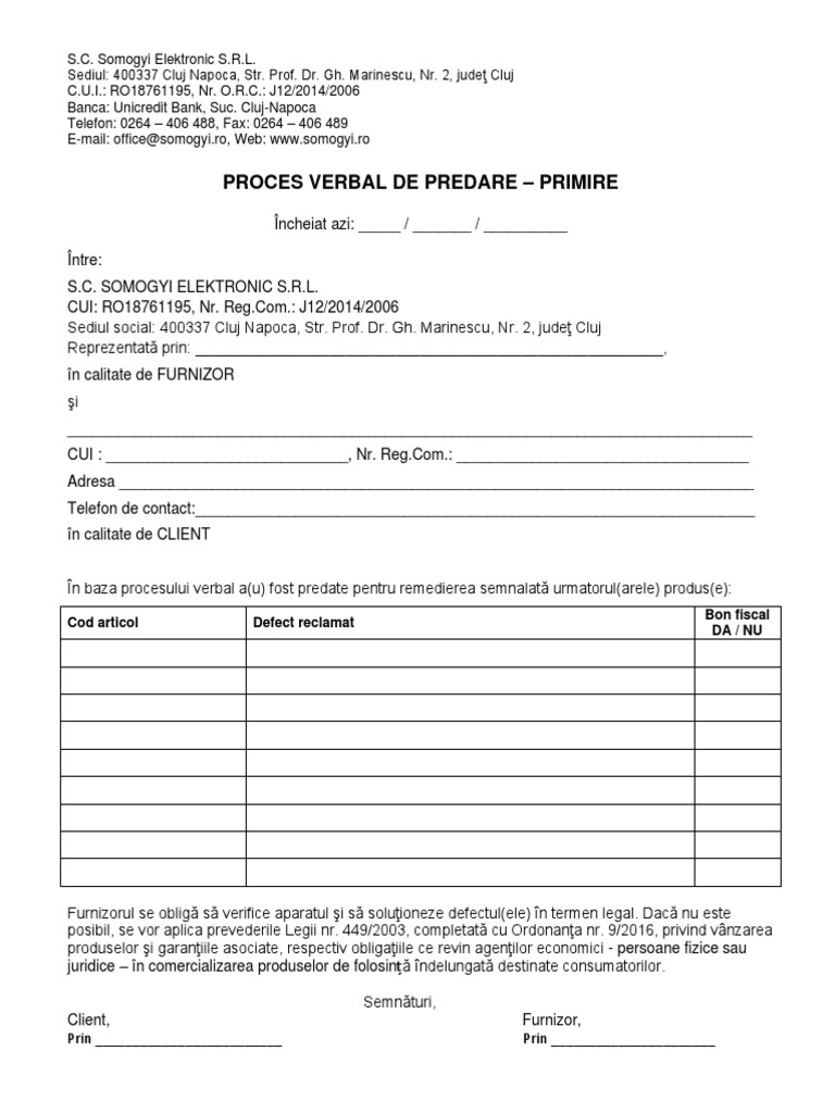 PV Predare Primire Defecte 2022 | PDF